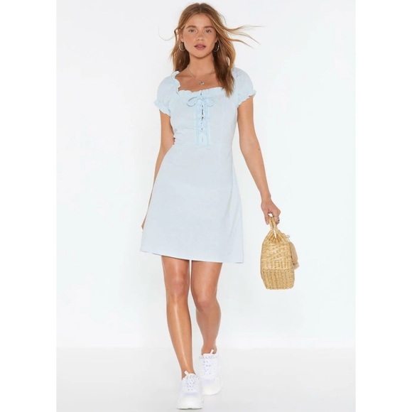 Nasty Gal Dress Chambray Lace Up Mini Short Sleeve - Picture 2 of 11